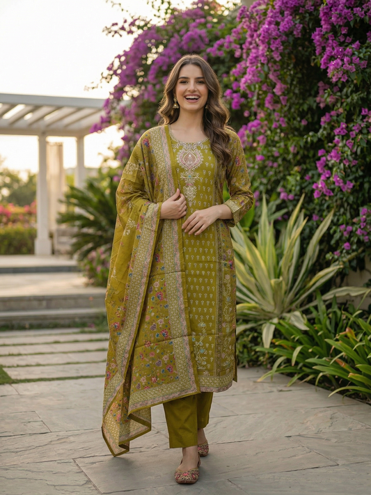 Ethnic Printed Straight Kurta with Pant & Dupatta - Green