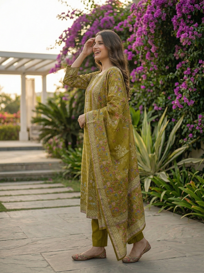 Ethnic Printed Straight Kurta with Pant & Dupatta - Green