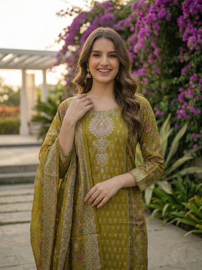 Ethnic Printed Straight Kurta with Pant & Dupatta - Green