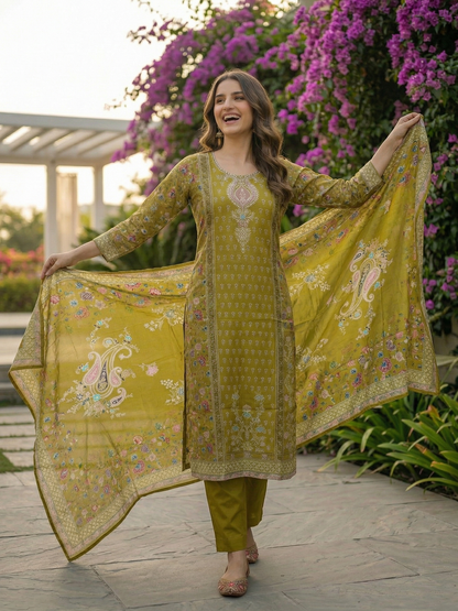 Ethnic Printed Straight Kurta with Pant & Dupatta - Green