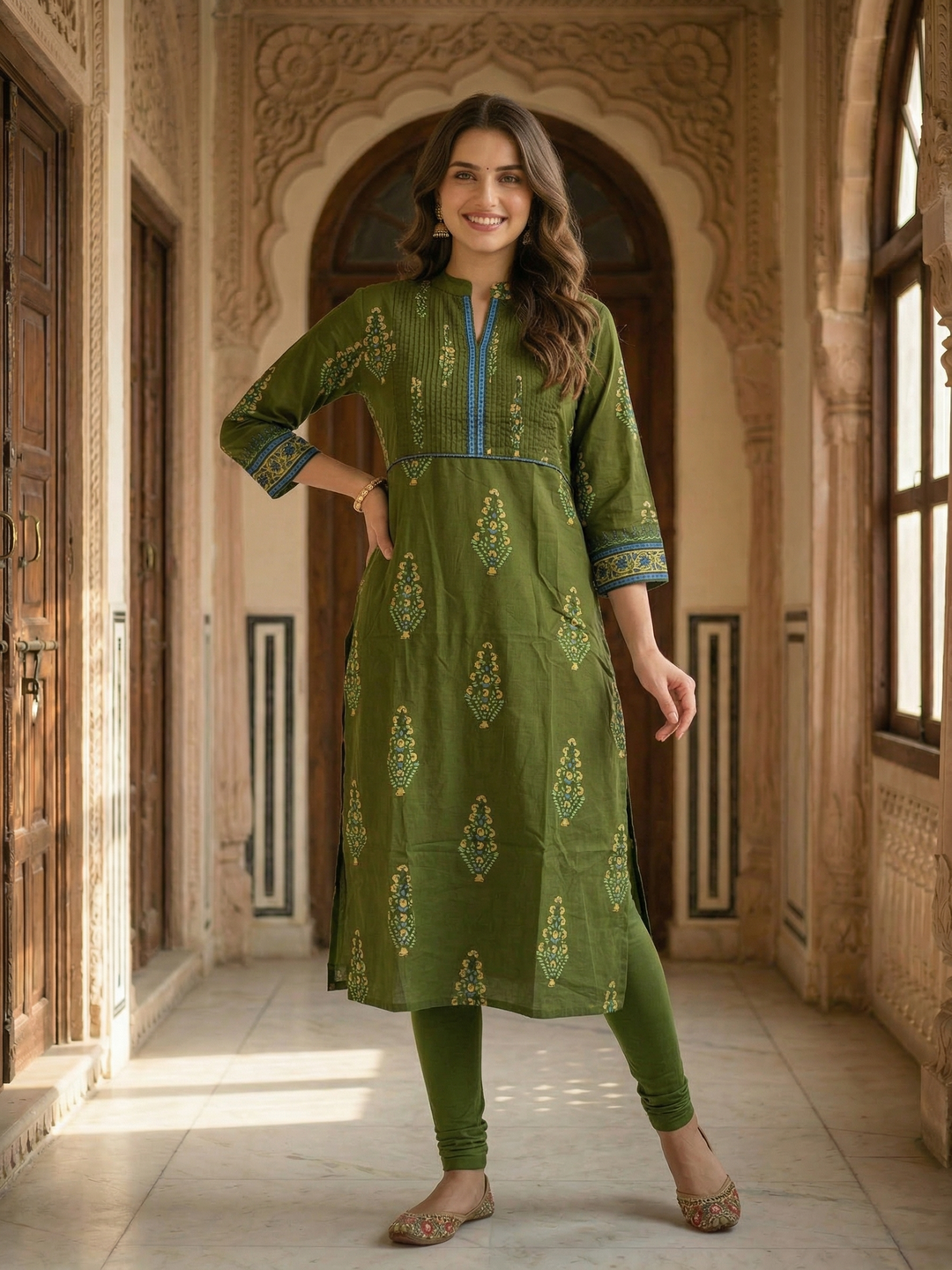 Floral Print Pintuck Yoke Straight Kurta - Olive Green