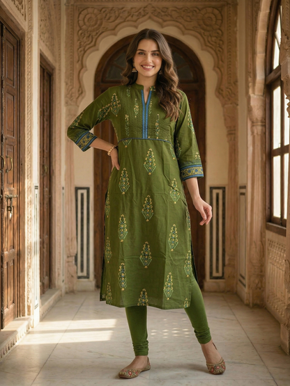 Floral Print Pintuck Yoke Straight Kurta - Olive Green