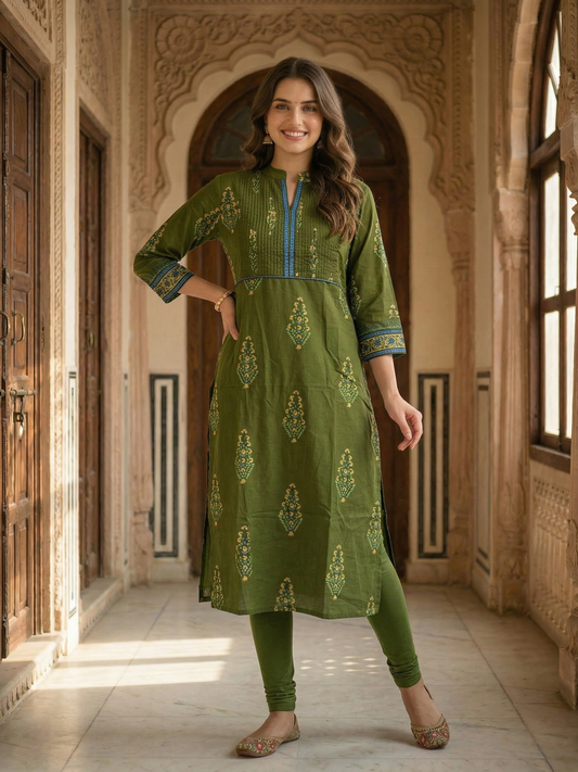 Printed Straight Kurta - Olive Green