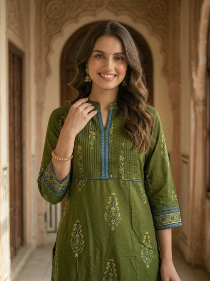Floral Print Pintuck Yoke Straight Kurta - Olive Green