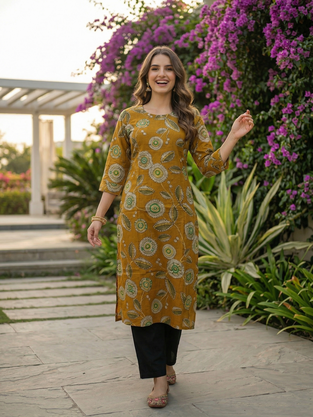 Abstract Floral Printed Straight Kurta - Mustard