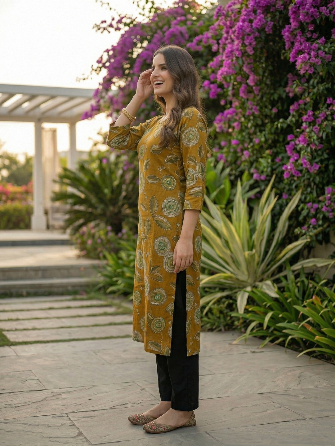 Abstract Floral Printed Straight Kurta - Mustard