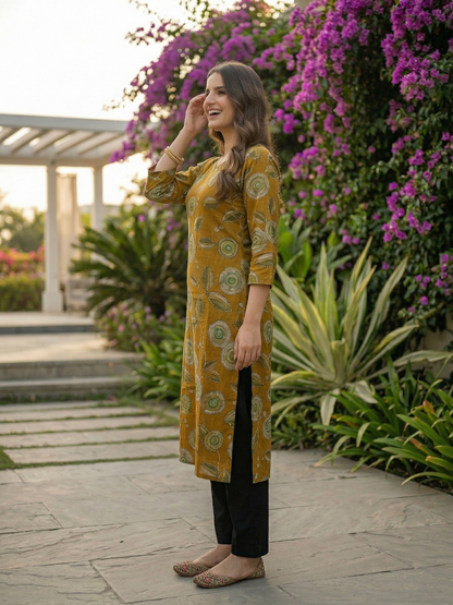 Abstract Floral Printed Straight Kurta - Mustard