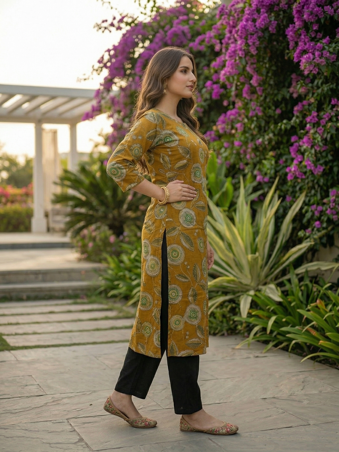 Abstract Floral Printed Straight Kurta - Mustard