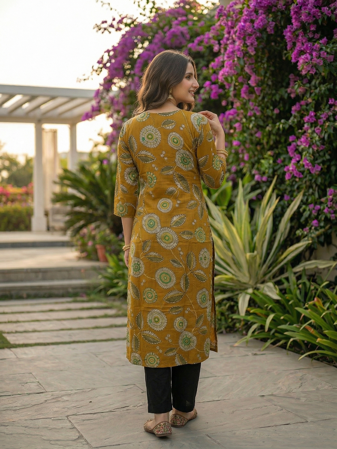 Abstract Floral Printed Straight Kurta - Mustard