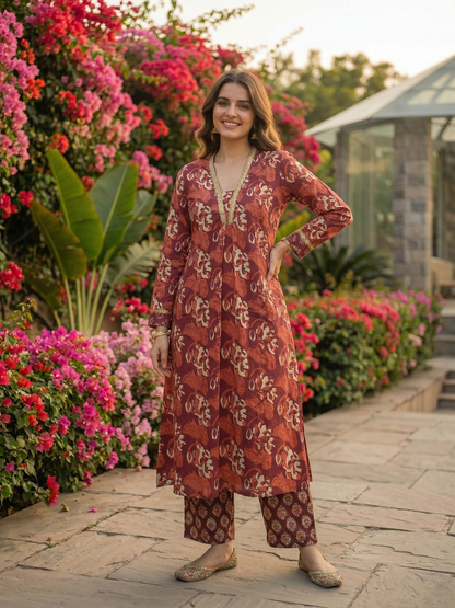 Ethnic Printed Straight Kurta with Trouser - Rust Brown