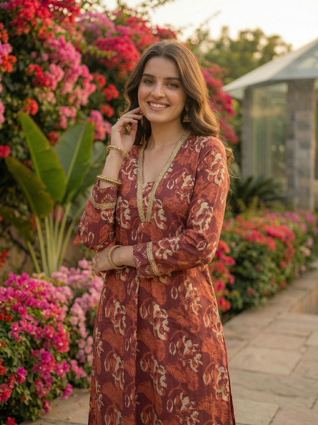 Ethnic Printed Straight Kurta with Trouser - Rust Brown