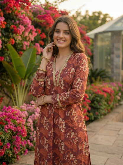 Ethnic Printed Straight Kurta with Trouser - Rust Brown
