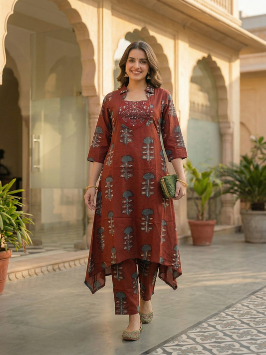 Ethnic Ikat Printed & Embroidered A-Line Kurta with Palazzo - Red