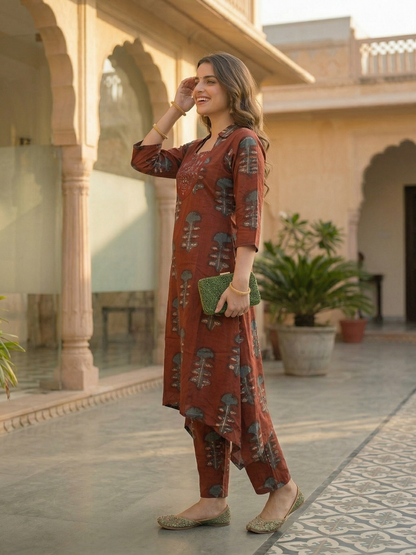 Ethnic Ikat Printed & Embroidered A-Line Kurta with Palazzo - Red