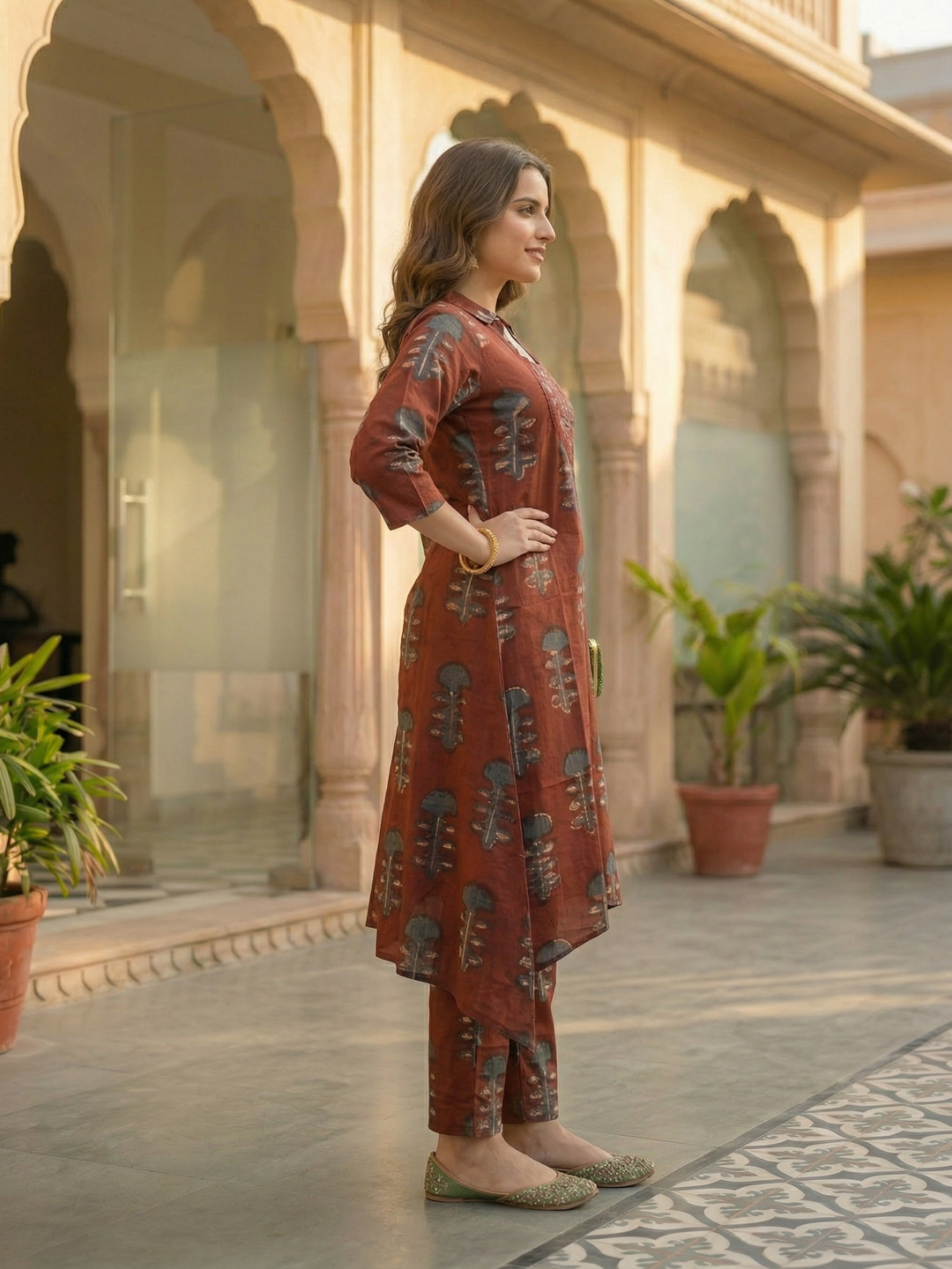 Ethnic Ikat Printed & Embroidered A-Line Kurta with Palazzo - Red