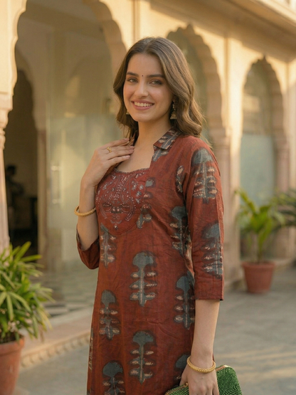 Ethnic Ikat Printed & Embroidered A-Line Kurta with Palazzo - Red