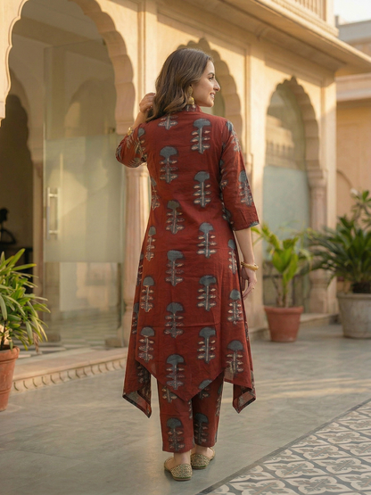 Ethnic Ikat Printed & Embroidered A-Line Kurta with Palazzo - Red