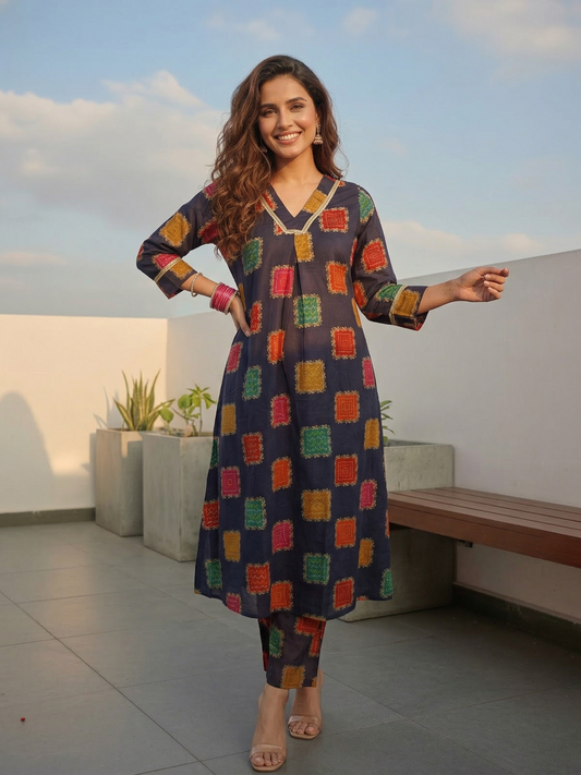 Ethnic Floral Foil Printed A-Line Co-ord Set - Blue