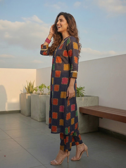 Ethnic Floral Foil Printed A-Line Co-ord Set - Blue