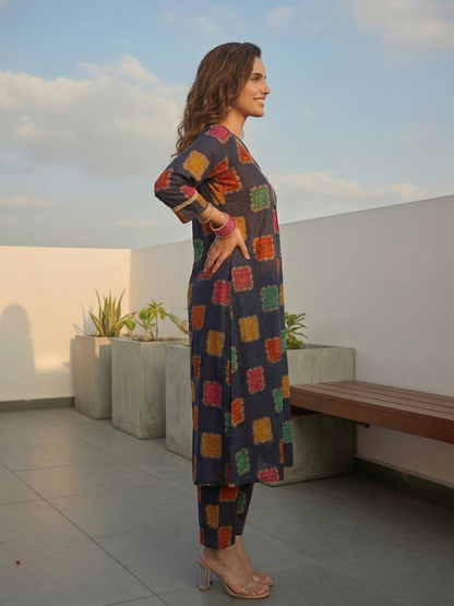 Ethnic Floral Foil Printed A-Line Co-ord Set - Blue