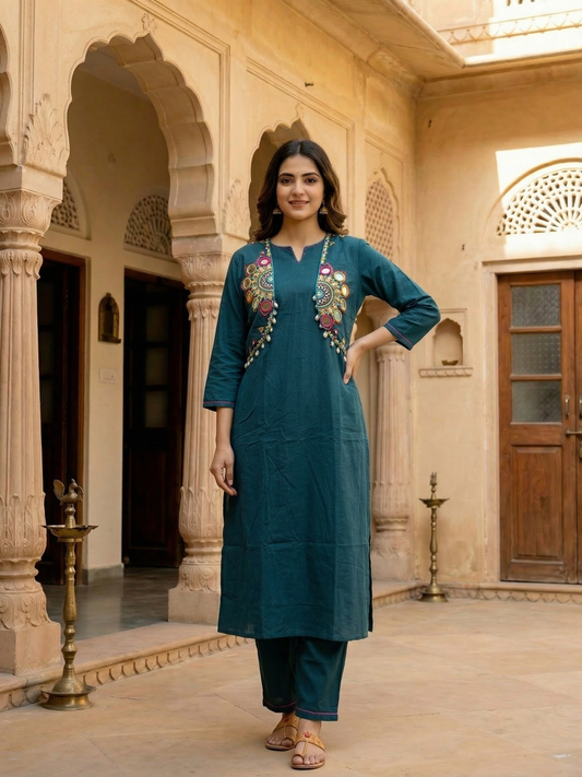 Solid Straight Kurta with Trouser & Mirror Work Sleeveless Jacket - Teal