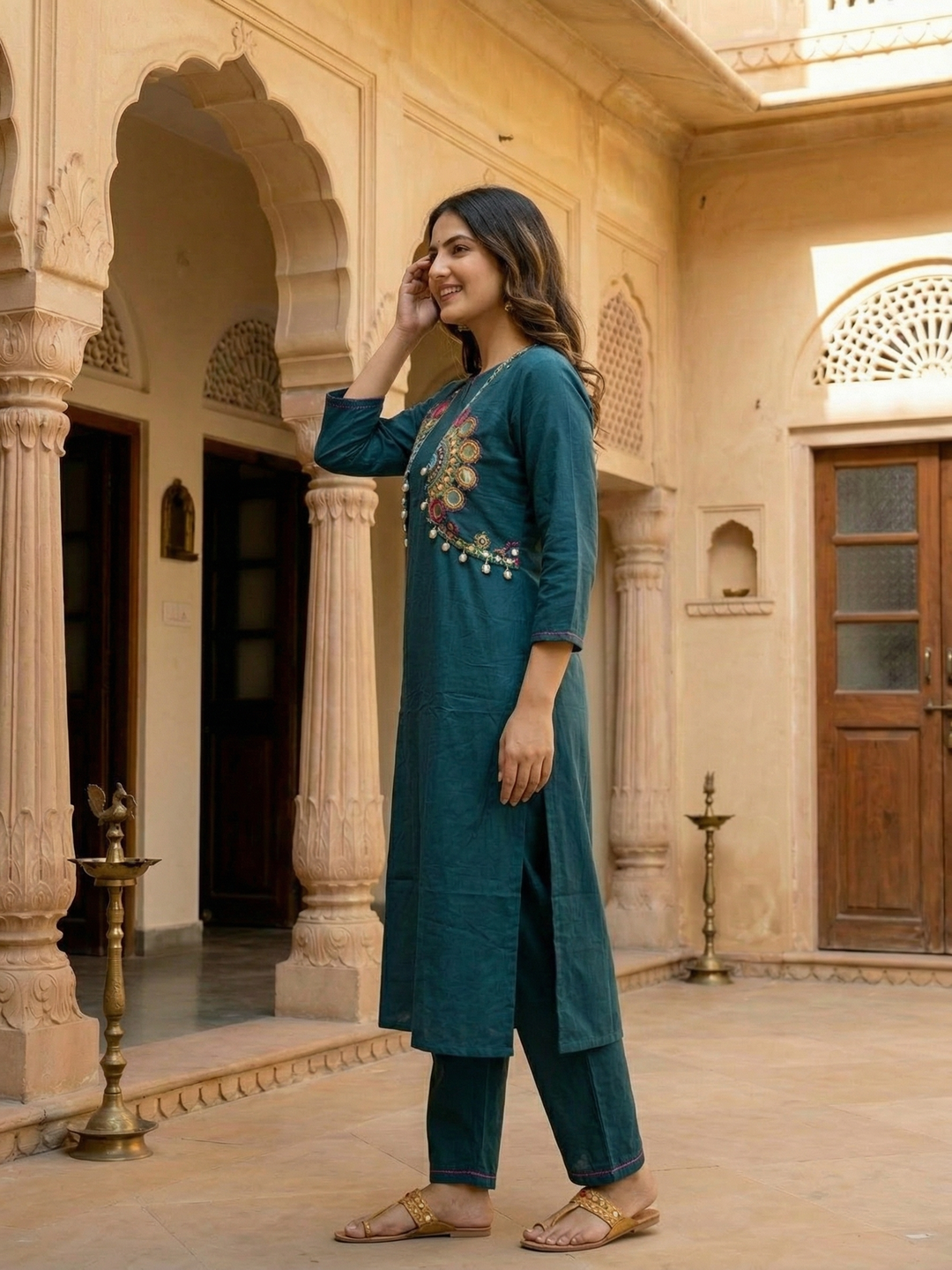 Solid Straight Kurta with Trouser & Mirror Work Sleeveless Jacket - Teal