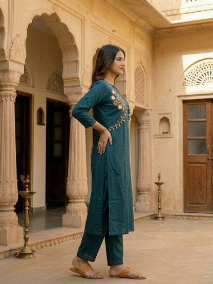 Solid Straight Kurta with Trouser & Mirror Work Sleeveless Jacket - Teal
