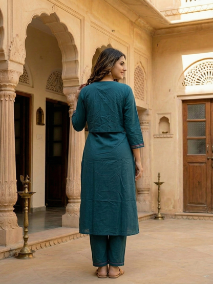 Solid Straight Kurta with Trouser & Mirror Work Sleeveless Jacket - Teal