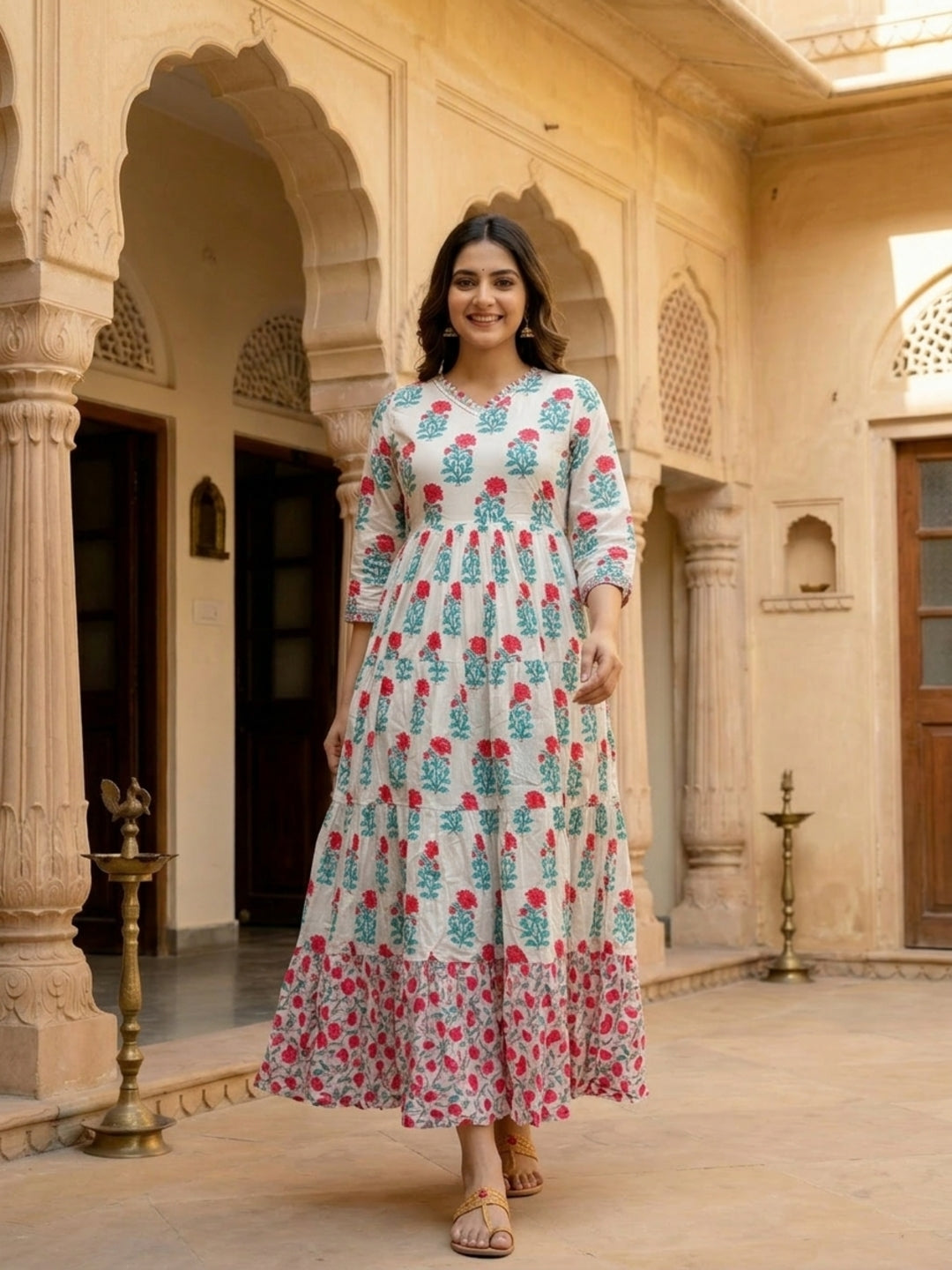 Floral Block Printed & Embroidered A-Line Pleated Maxi Dress - Off White