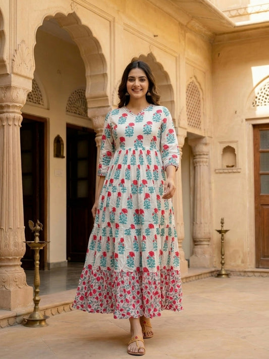 Floral Block Printed & Embroidered A-Line Pleated Maxi Dress - Off White