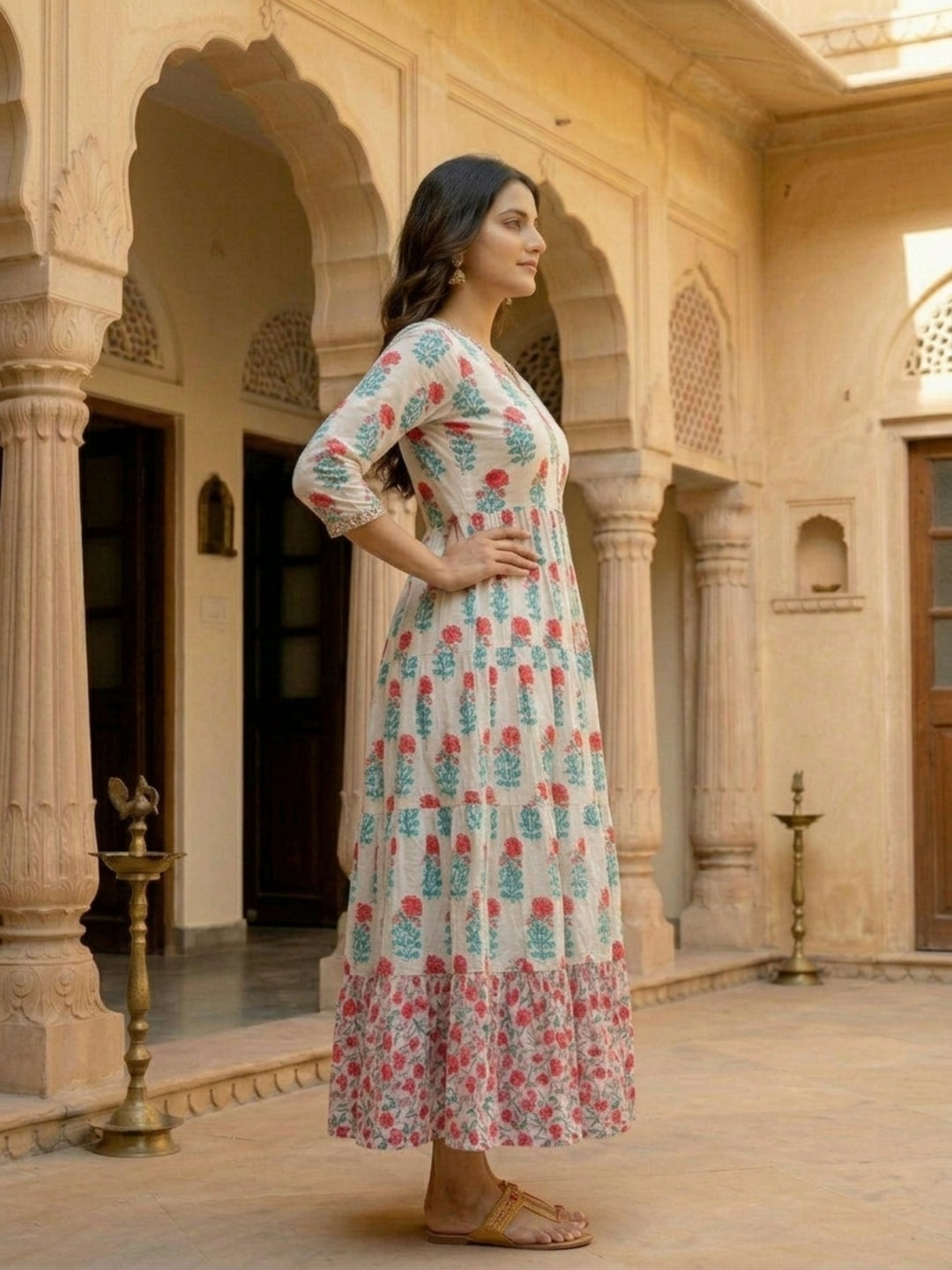 Floral Block Printed & Embroidered A-Line Pleated Maxi Dress - Off White