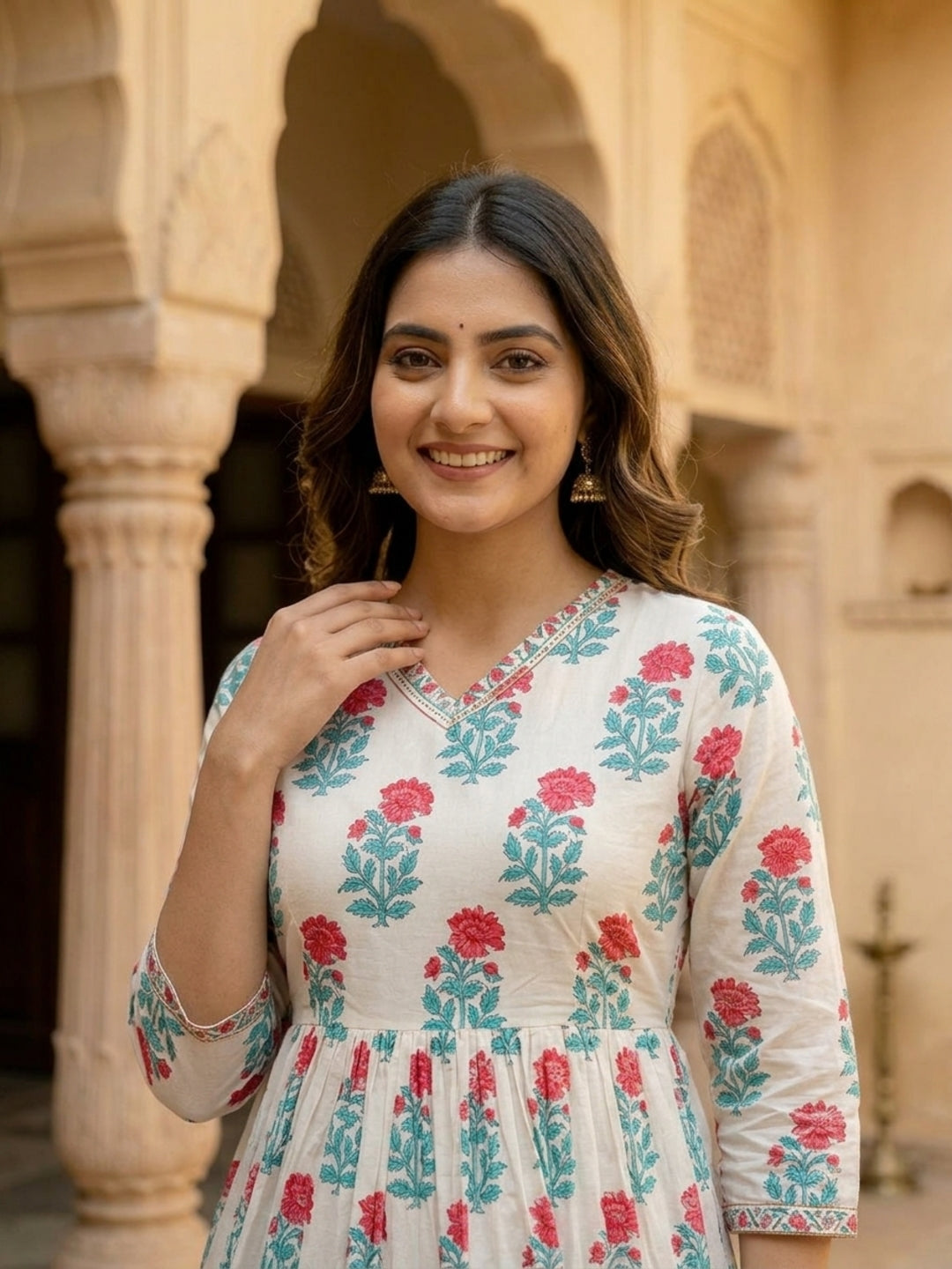 Floral Block Printed & Embroidered A-Line Pleated Maxi Dress - Off White