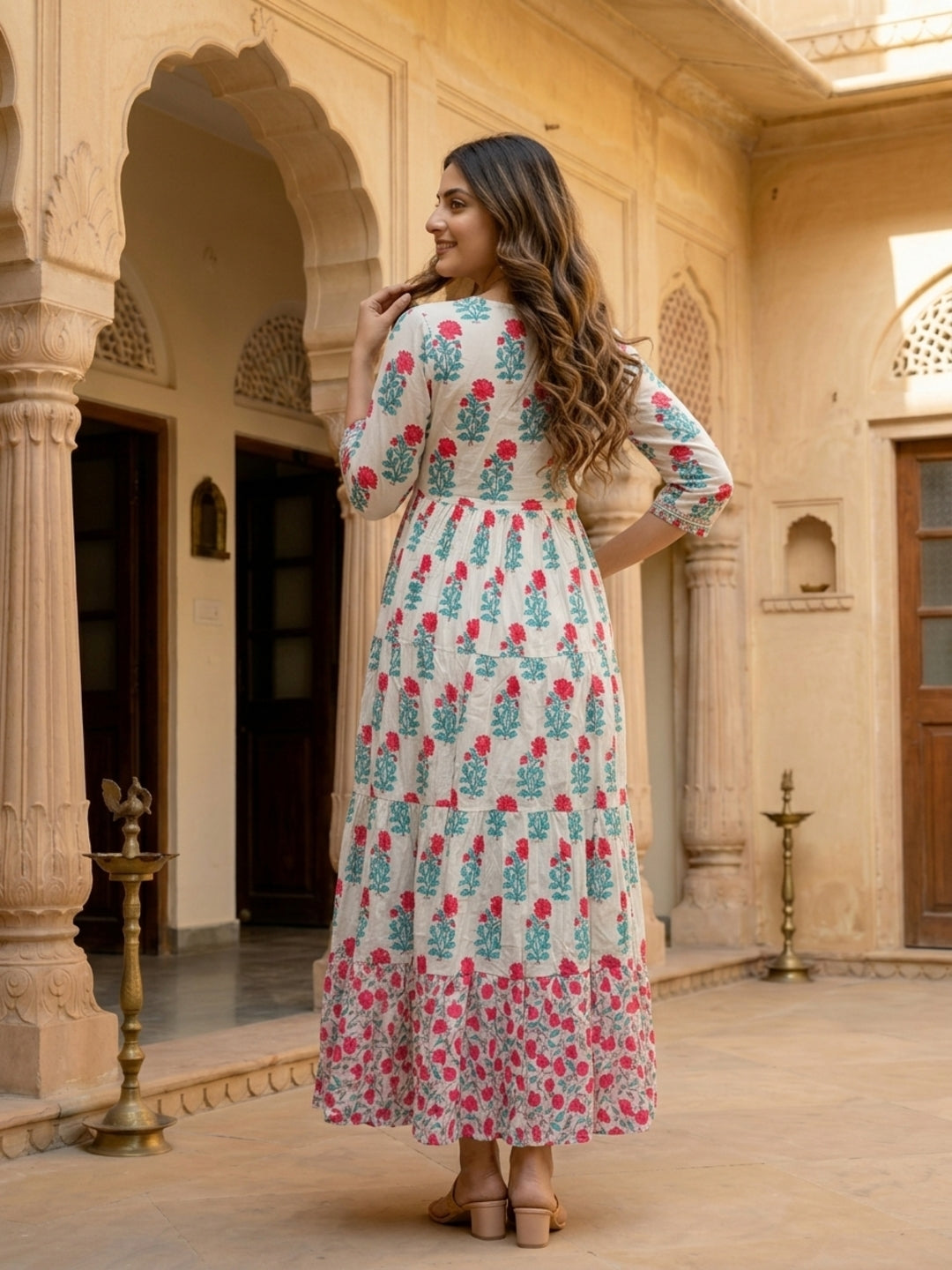 Floral Block Printed & Embroidered A-Line Pleated Maxi Dress - Off White
