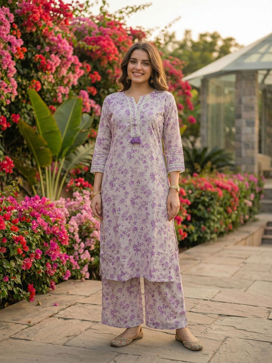 Floral Printed Straight Kurta with Palazzo - Lavender