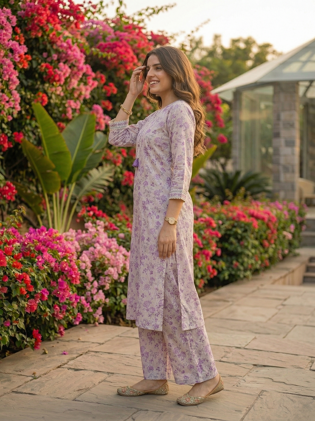 Floral Printed Straight Kurta with Palazzo - Lavender