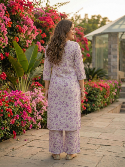 Floral Printed Straight Kurta with Palazzo - Lavender