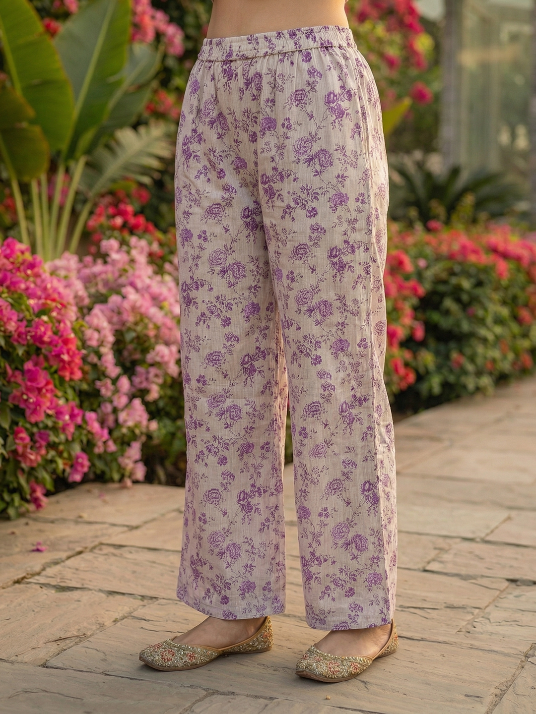 Floral Printed Straight Kurta with Palazzo - Lavender