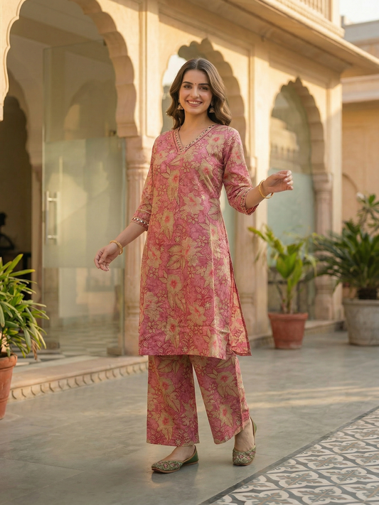 Floral Foil Printed & Embroidered A-Line Co-ord Set - Rose