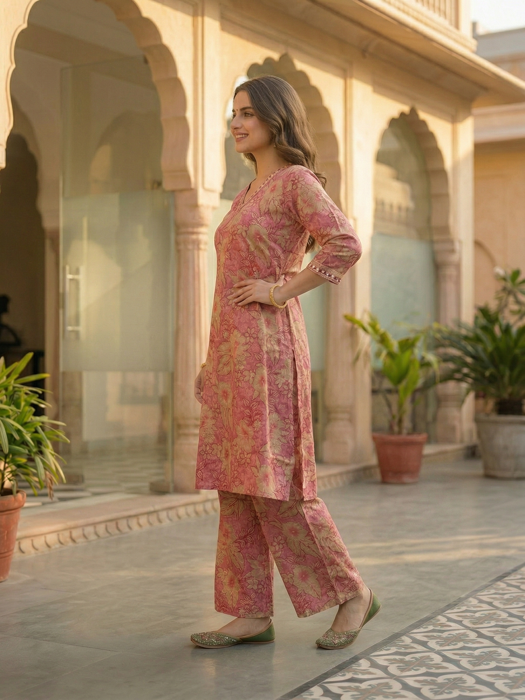Floral Foil Printed & Embroidered A-Line Co-ord Set - Rose