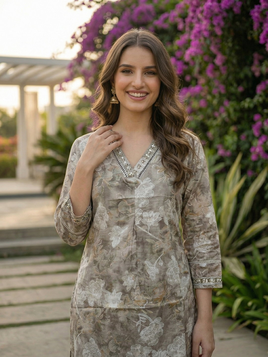 Floral Ethnic Printed & Mirror Work A-Line Kurta with Palazzo Co-ord Set - Grey