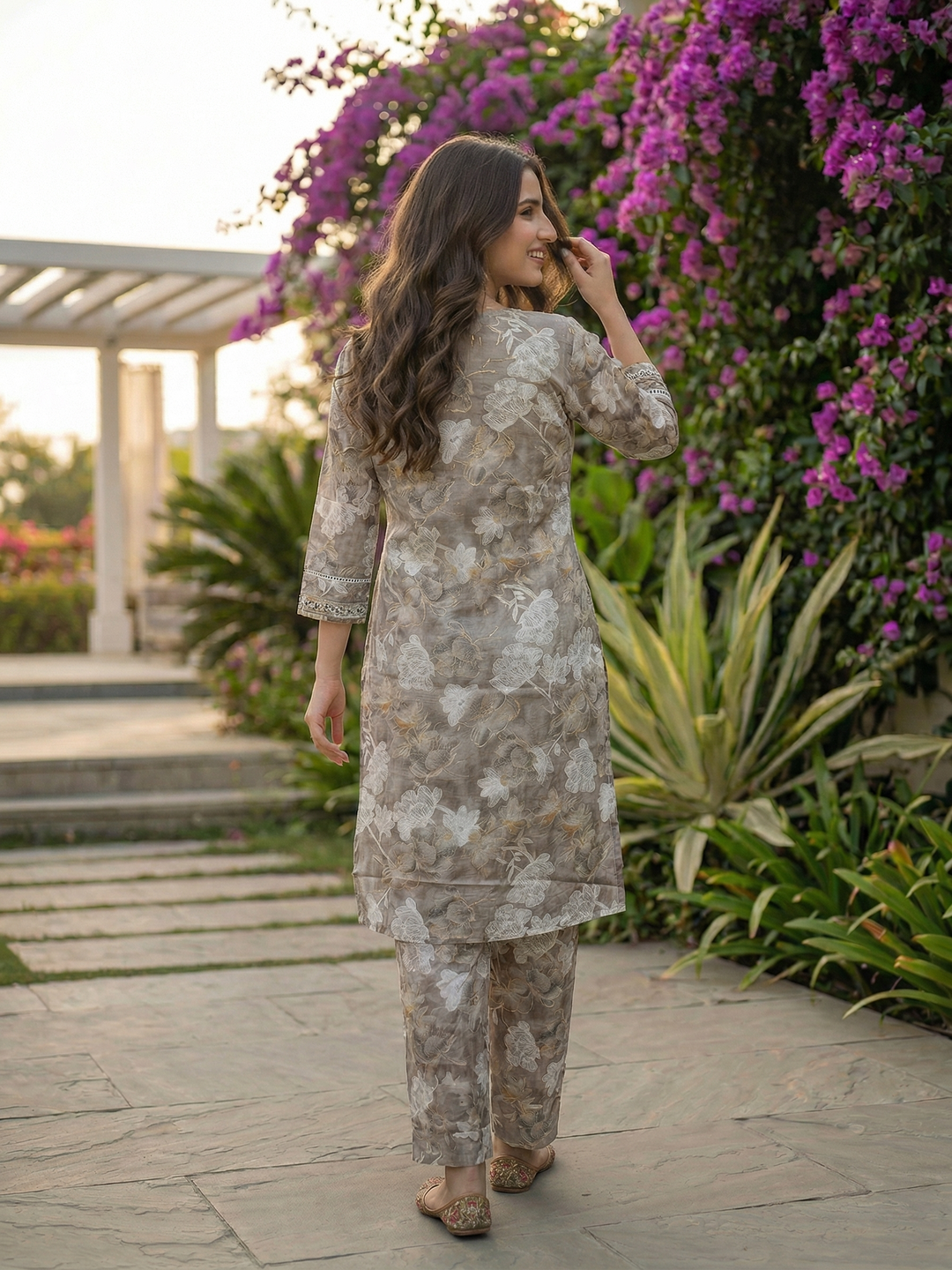 Floral Ethnic Printed & Mirror Work A-Line Kurta with Palazzo Co-ord Set - Grey