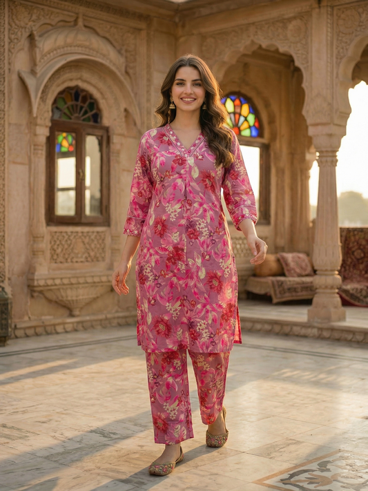 Floral Ethnic Printed & Mirror Work Embroidered A-Line Kurta with Palazzo - Mauve