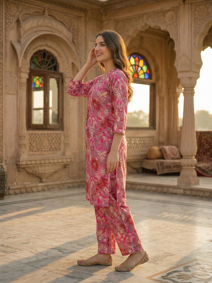 Floral Ethnic Printed & Mirror Work Embroidered A-Line Kurta with Palazzo - Mauve
