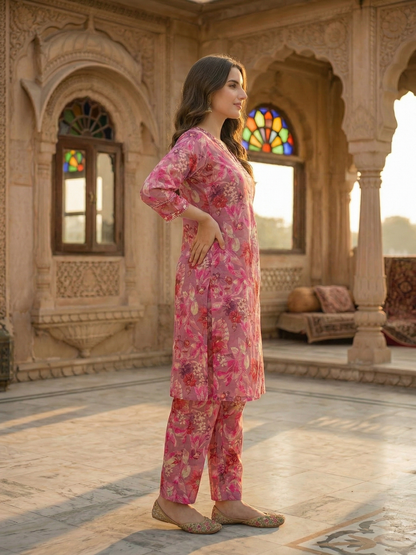 Floral Ethnic Printed & Mirror Work Embroidered A-Line Kurta with Palazzo - Mauve
