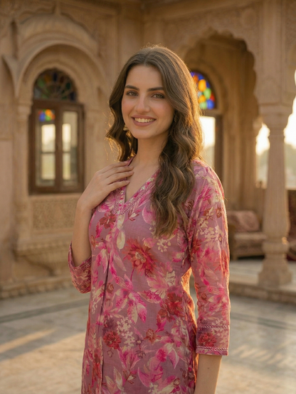 Floral Ethnic Printed & Mirror Work Embroidered A-Line Kurta with Palazzo - Mauve