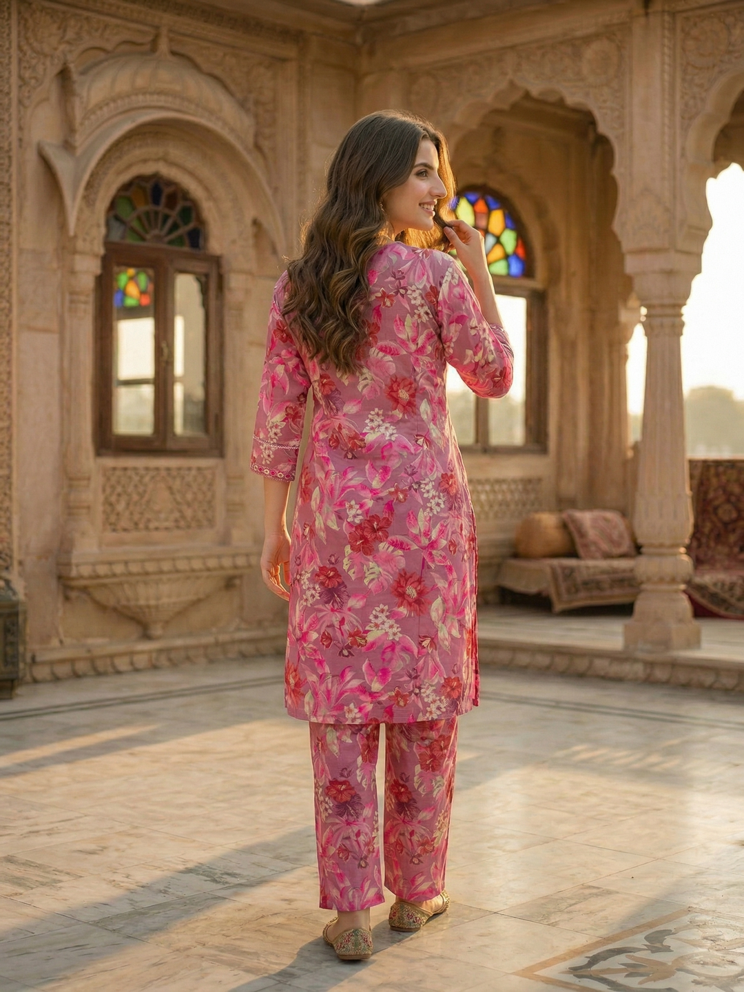 Floral Ethnic Printed & Mirror Work Embroidered A-Line Kurta with Palazzo - Mauve