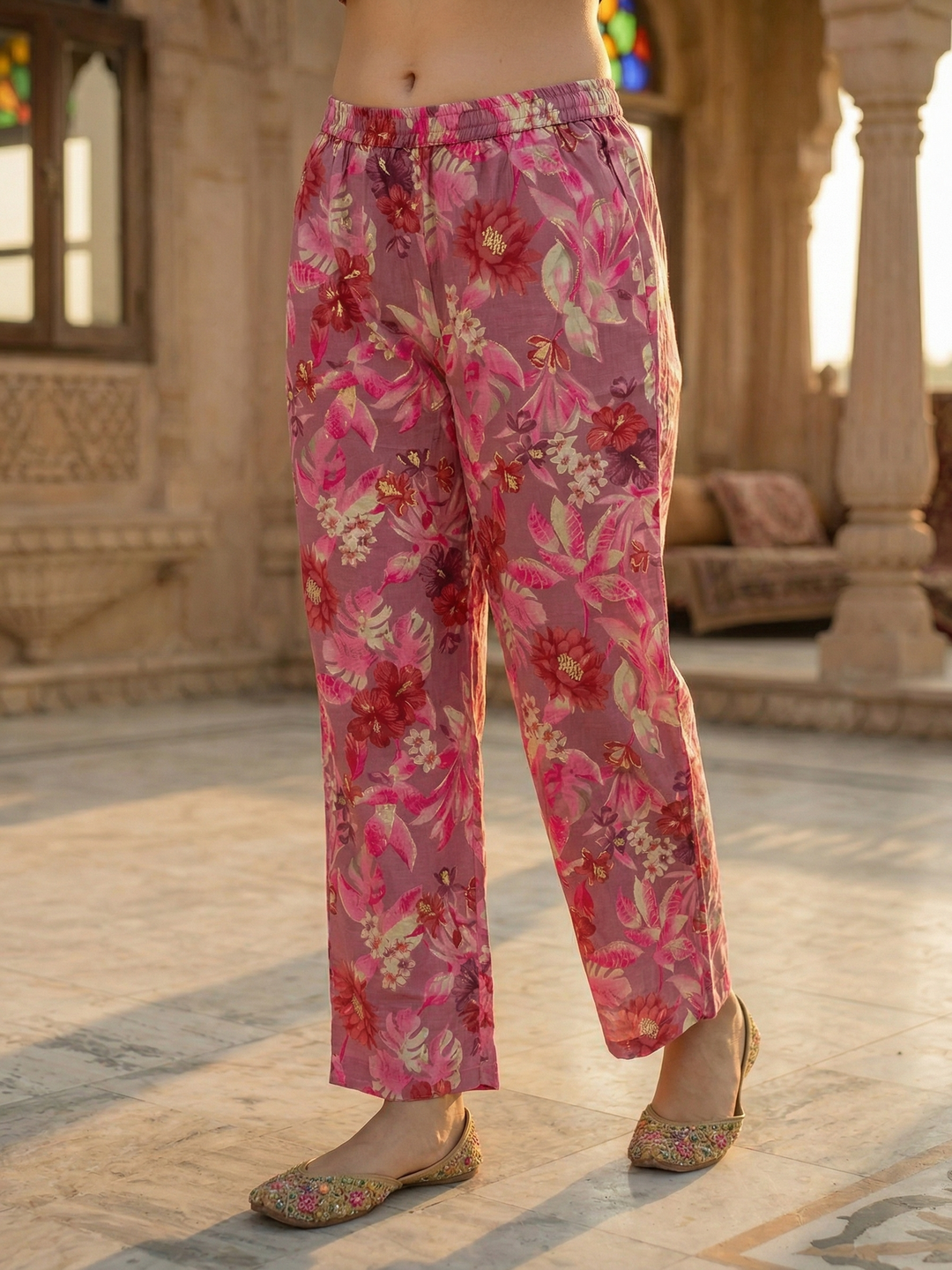Floral Ethnic Printed & Mirror Work Embroidered A-Line Kurta with Palazzo - Mauve