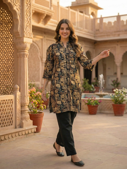 Ethnic Floral Printed & Sequin Work Straight Kurta with Pant - Black