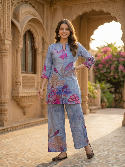 Tropical Fauna Printed Straight Co-ord Set - Blue