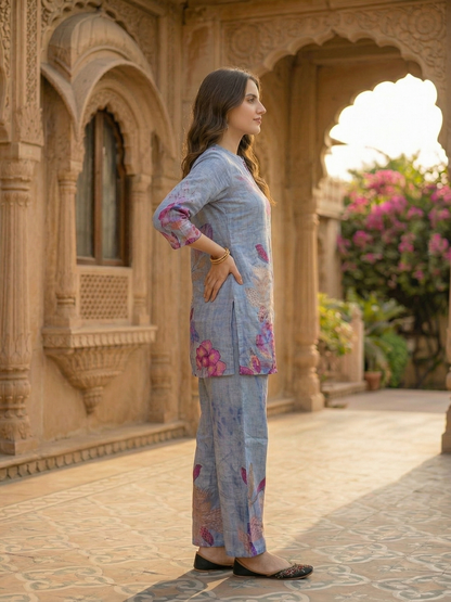 Tropical Fauna Printed Straight Co-ord Set - Blue